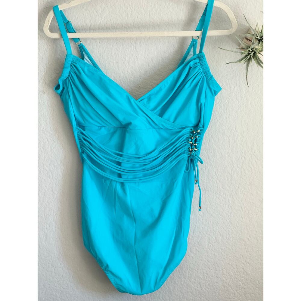 Gottex Aqua/Turquoise One-Piece Swimsuit Gold Detailing  Sz‎ 16